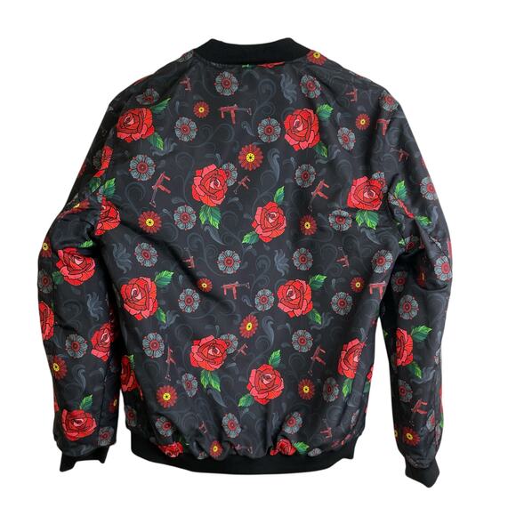 Retro Rifle Fiesta Bomber Jacket XS Black Full Zip Reversible Red Floral NWT - Picture 2 of 11